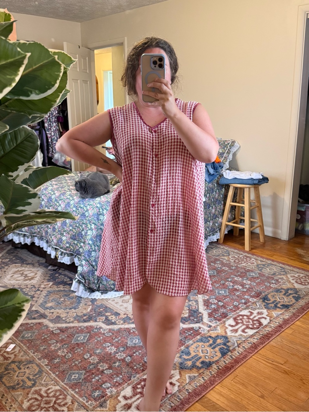 Vintage magenta & white gingham nightgown